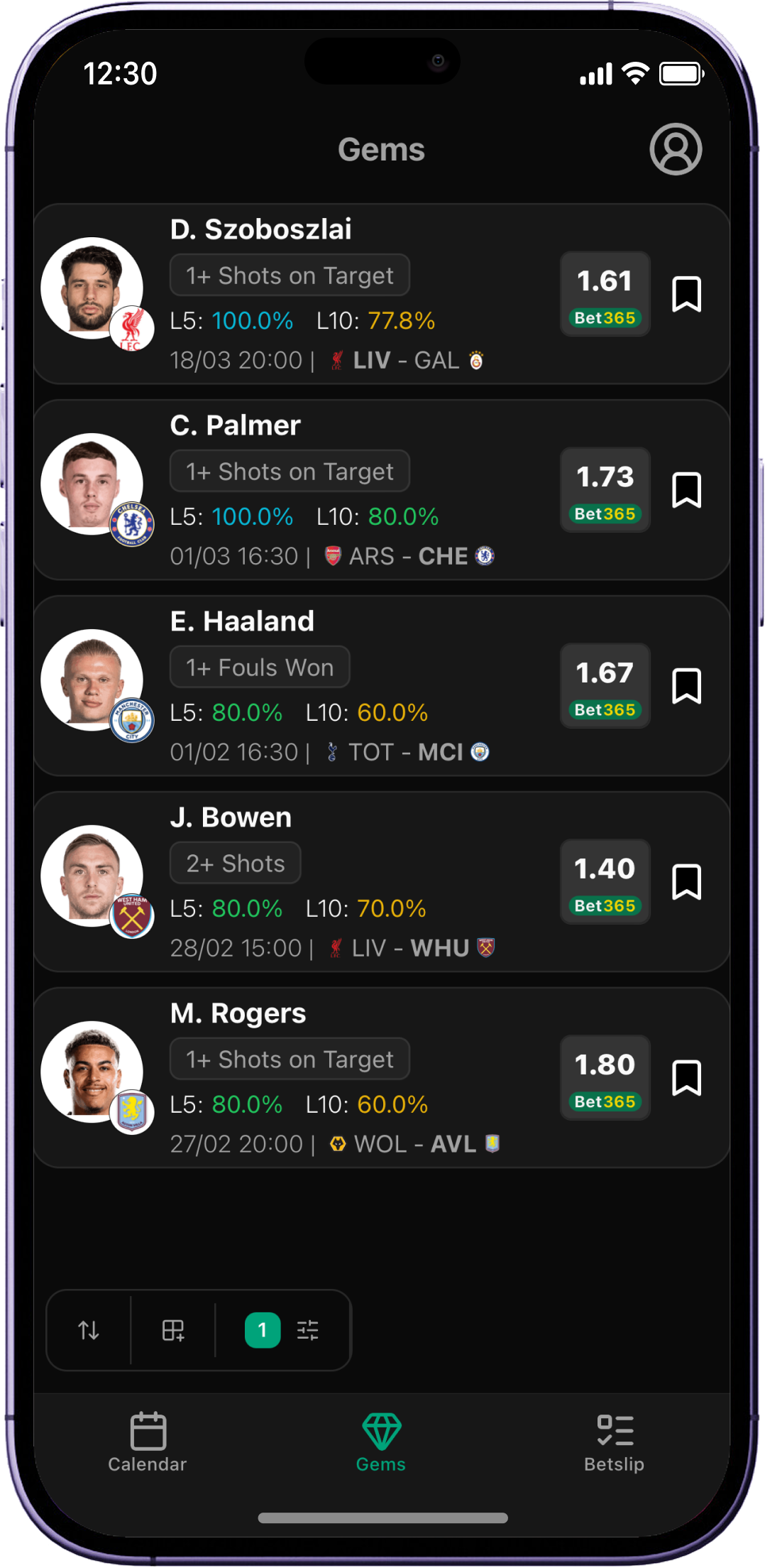 Fobal app — ranked player prop picks